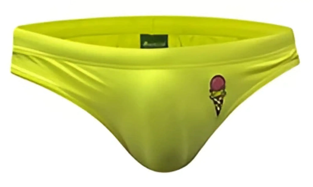 Bright yellow Marcuse summery bikini swimwear briefs with small rose ice cream cone embroidered on the left leg