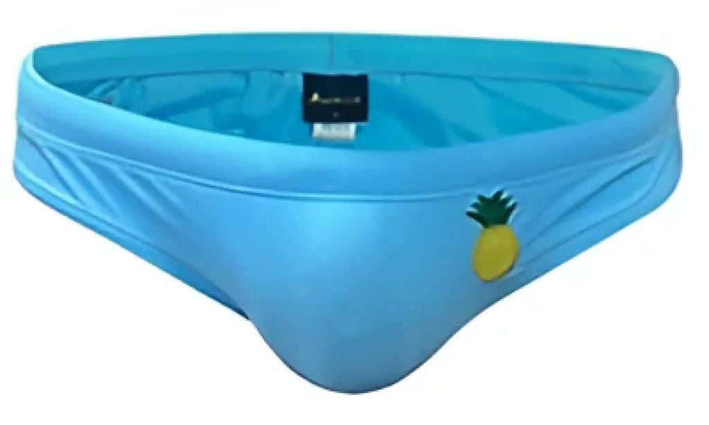 Light blue shiny fabric briefs with a small pineapple embroidery from Marcuse summery bikini swimwear collection