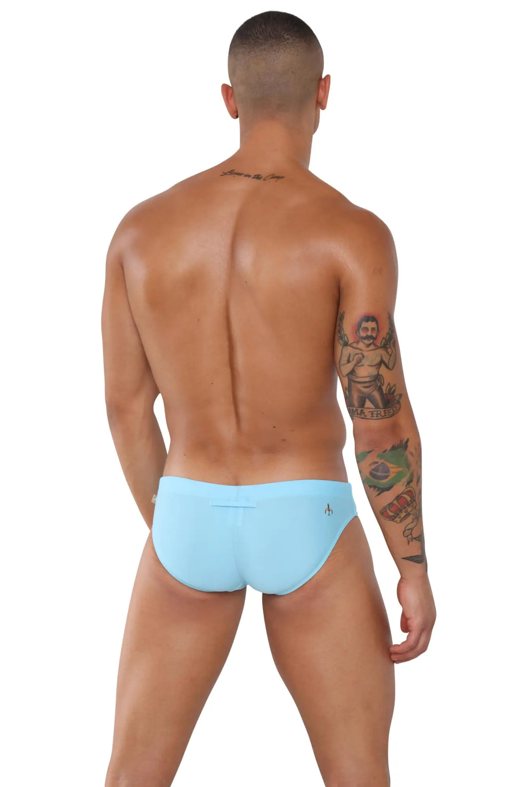 Light blue form-fitting swim trunks with a small logo on the left hip from Marcuse Summery Bikini Swimwear