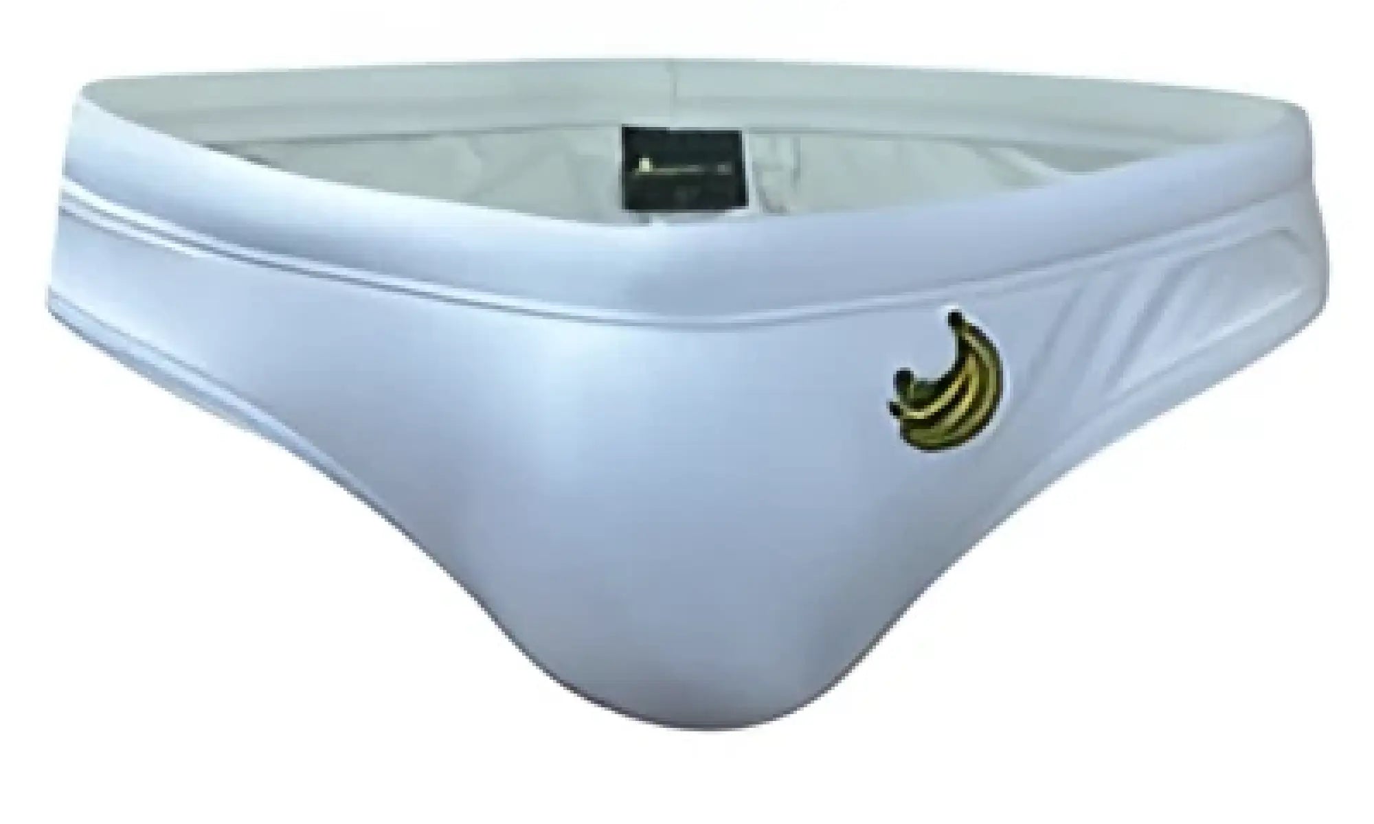 White marcuse summery bikini swimwear briefs with small yellow banana logo on left hip for athletic use