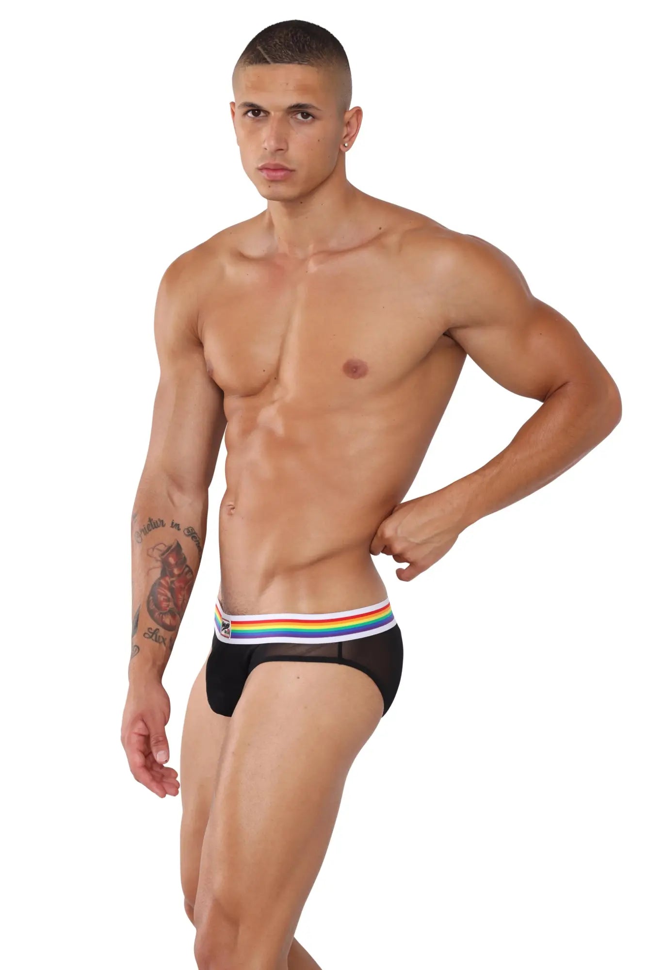 Marcuse Sunray brief underwear in black mesh with a rainbow-striped waistband front view