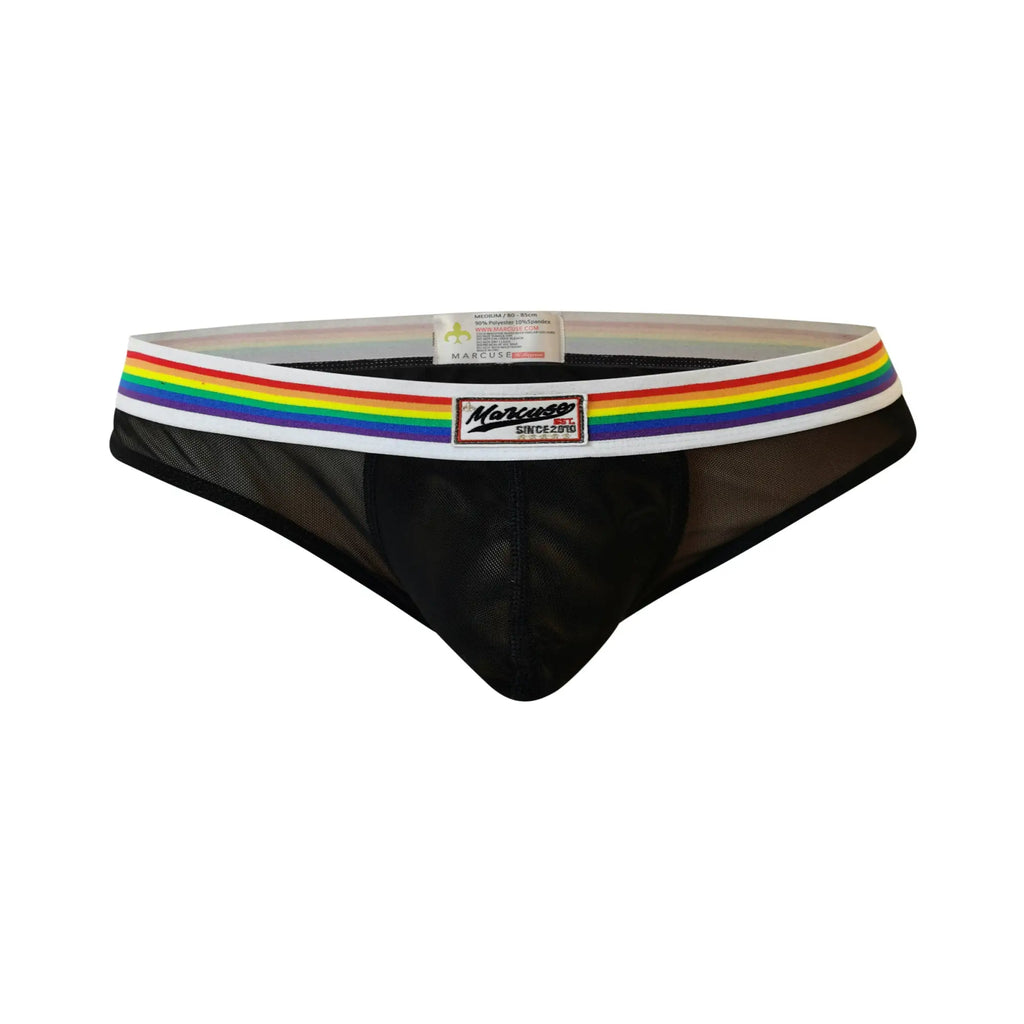 Black mesh marcuse sunray brief underwear with rainbow-striped waistband and marcuse since 2010 logo