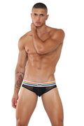 Black mesh marcuse sunray brief underwear with rainbow-striped waistband and small white logo on front
