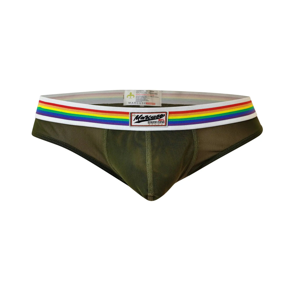 Olive green mesh briefs with rainbow striped waistband and marcuse brand label from marcuse sunray brief underwear
