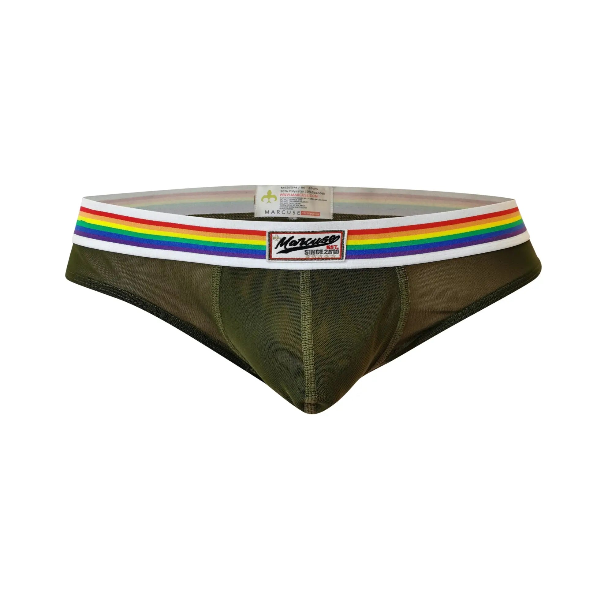 Olive green mesh briefs with rainbow striped waistband and marcuse brand label from marcuse sunray brief underwear