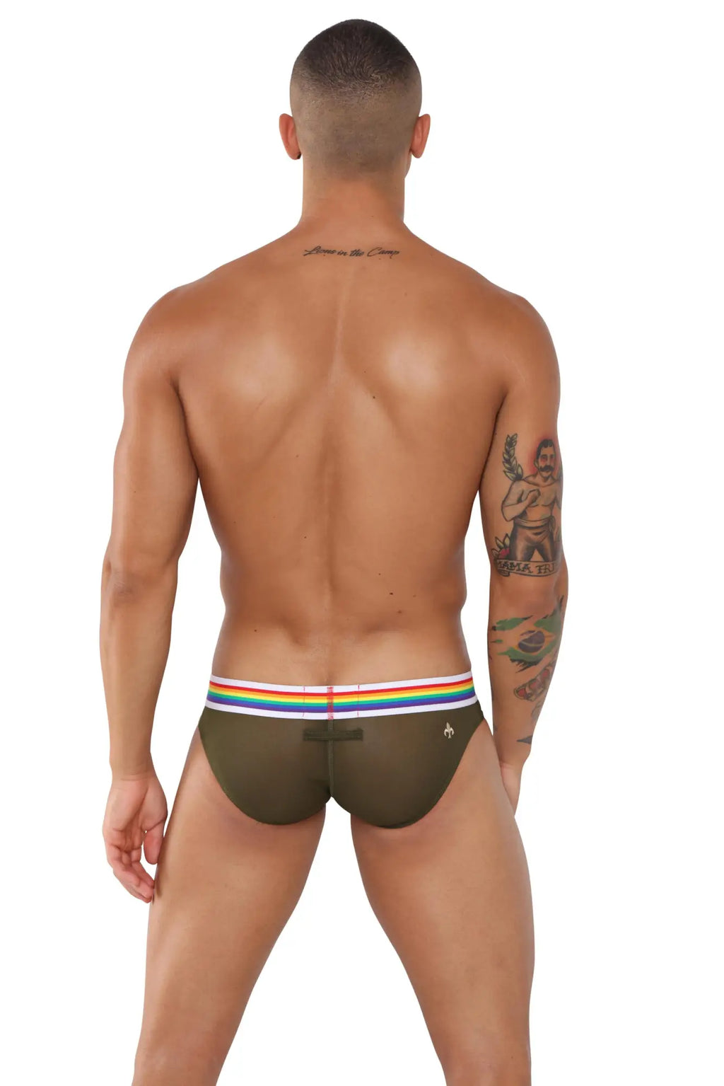 Olive green marcuse sunray brief underwear with a rainbow-striped waistband made from soft breathable fabric
