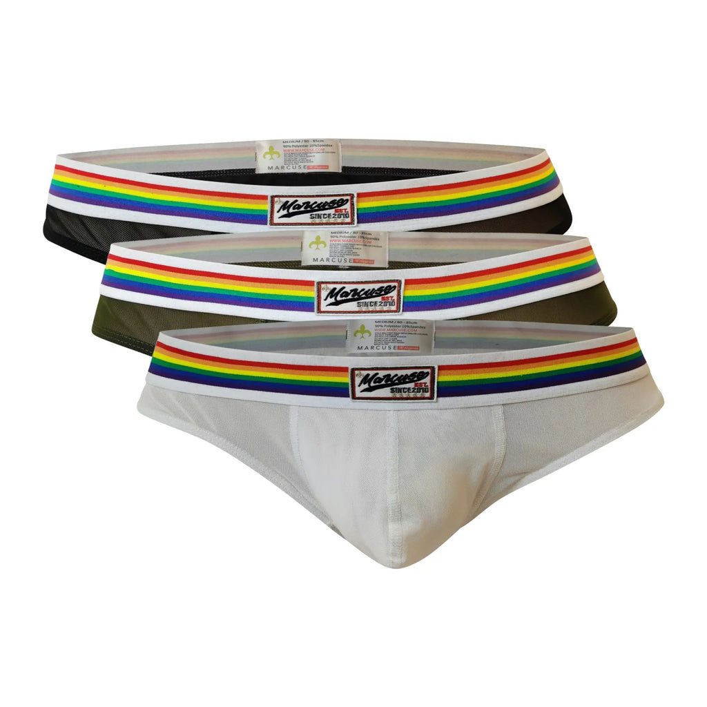 Set of three marcus by marcuse sunray brief underwear in white olive green and black with rainbow elastic waistbands