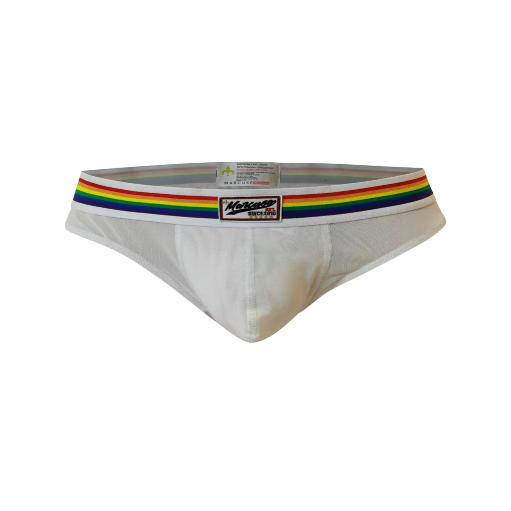 White marcuse sunray brief underwear with rainbow-striped elastic waistband for comfortable everyday wear