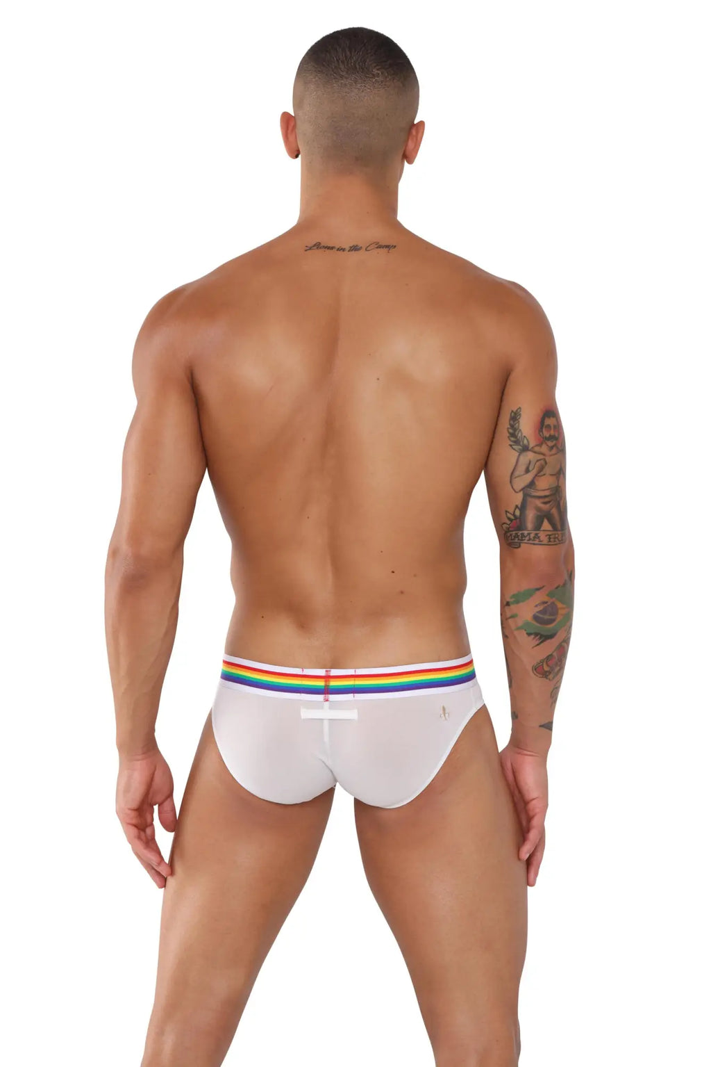Marcuse sunray brief underwear in white briefs with a rainbow stripe waistband and small white cross design center