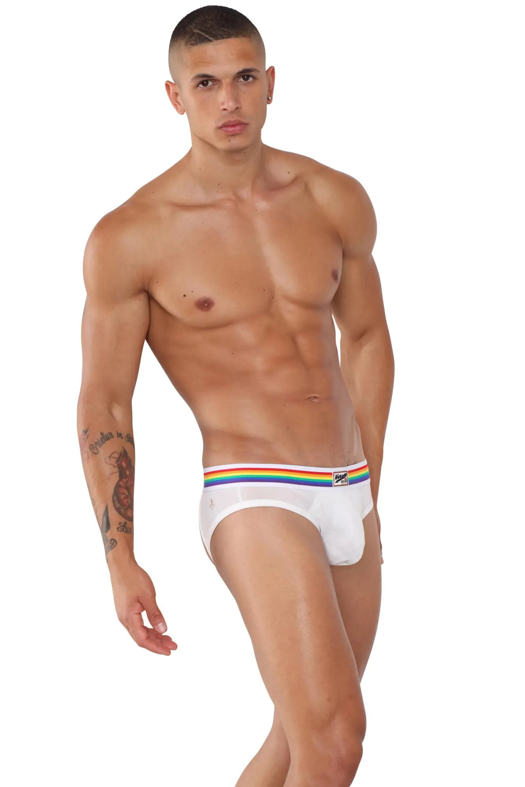 White marcuse sunray brief underwear with rainbow stripe waistband and small logo on left side