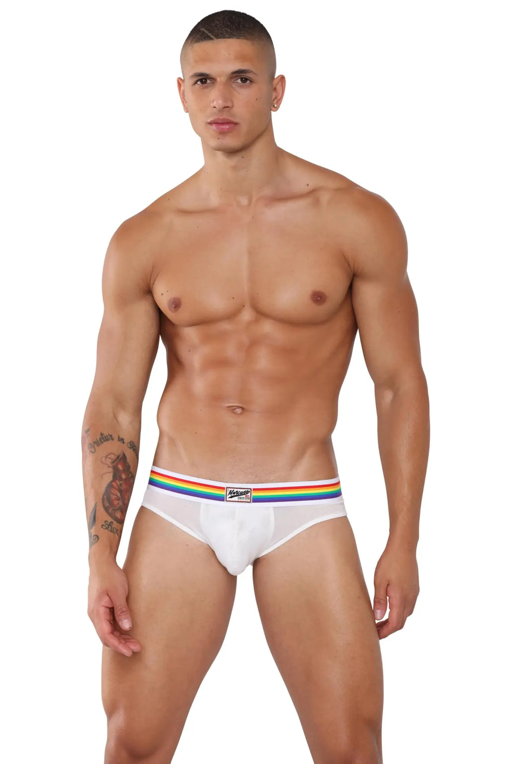 White marcuse sunray brief underwear with rainbow striped waistband and cotton brand logo made of soft fabric
