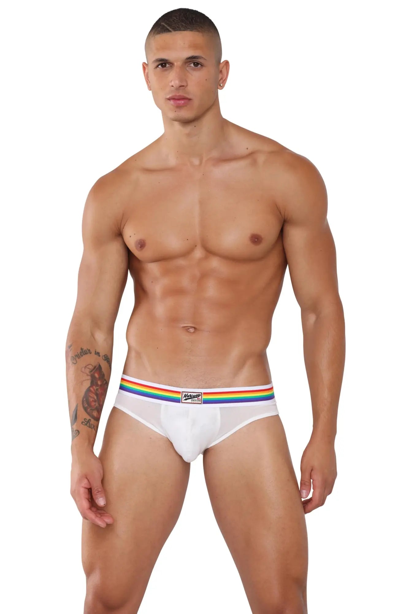 White marcuse sunray brief underwear with rainbow striped waistband and cotton brand logo made of soft fabric