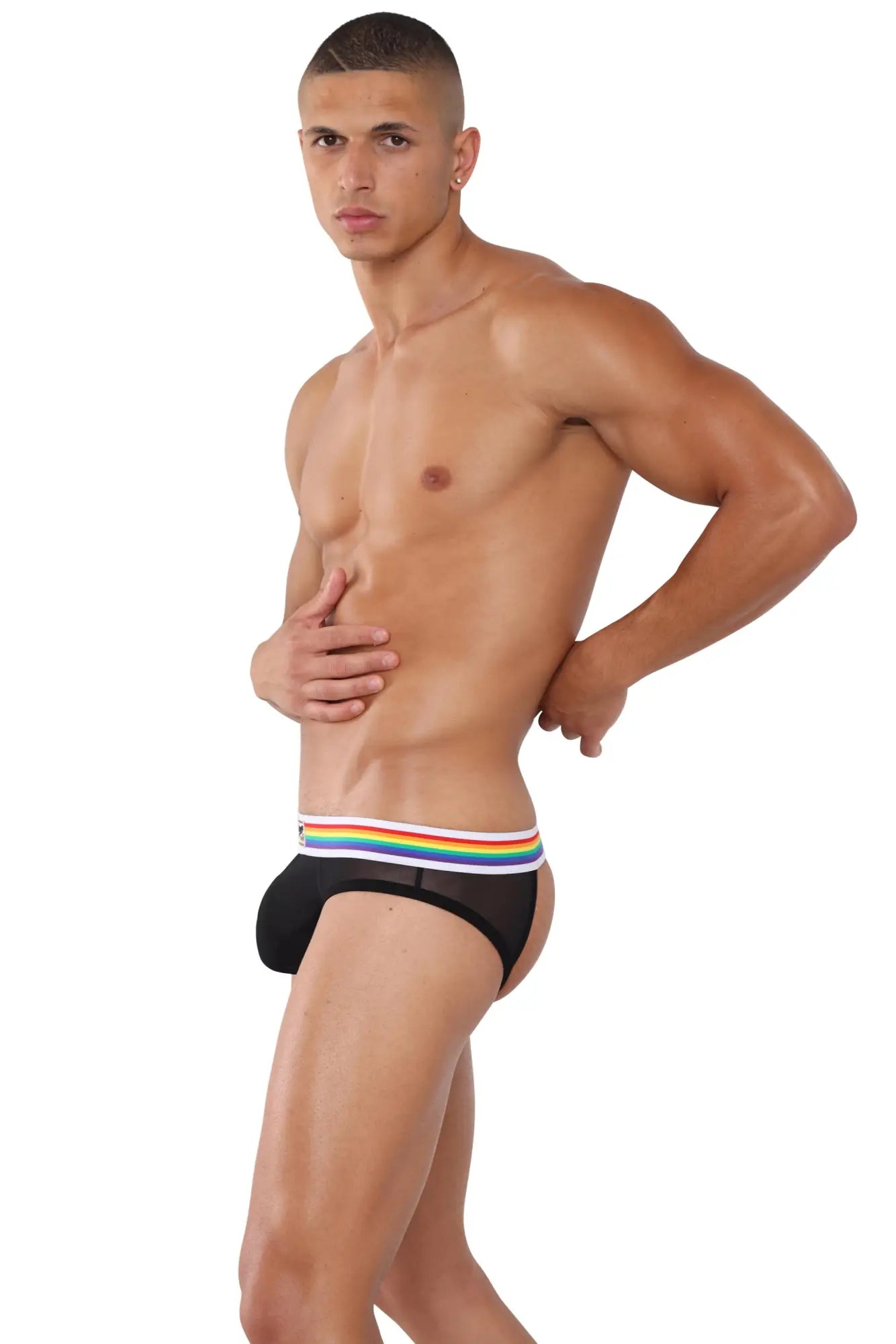 Marcuse sunray jock underwear in black mesh briefs with a rainbow-striped elastic waistband front view
