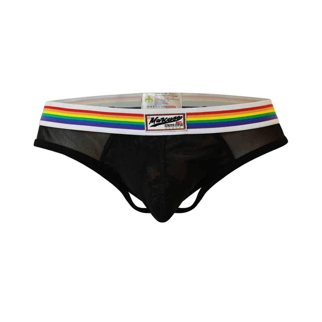 Black mesh thong underwear with rainbow-striped waistband and marcus brand label marcuse sunray jock design