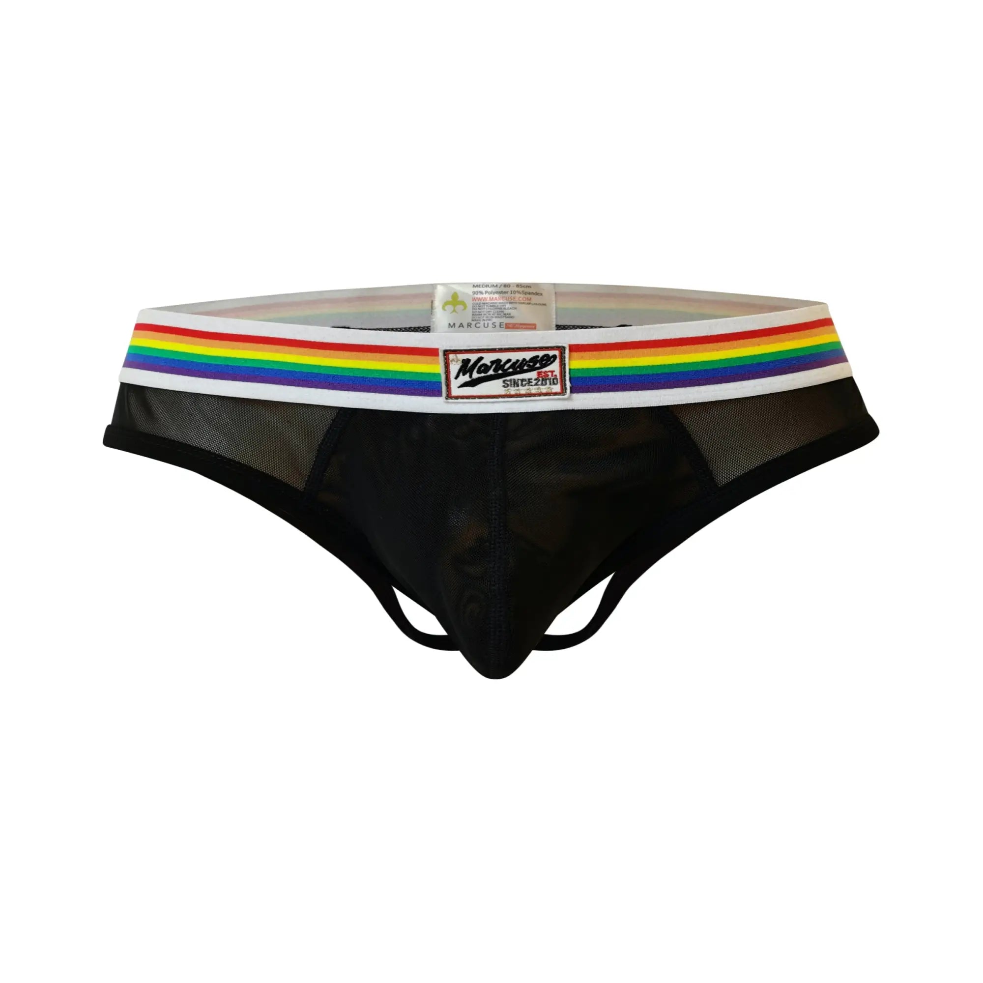 Black mesh thong underwear with rainbow-striped waistband and marcus brand label marcuse sunray jock design