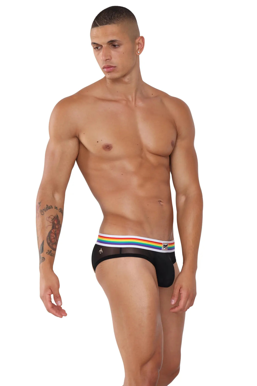 Black marcuse sunray jock underwear briefs with rainbow-striped waistband and small white side logo