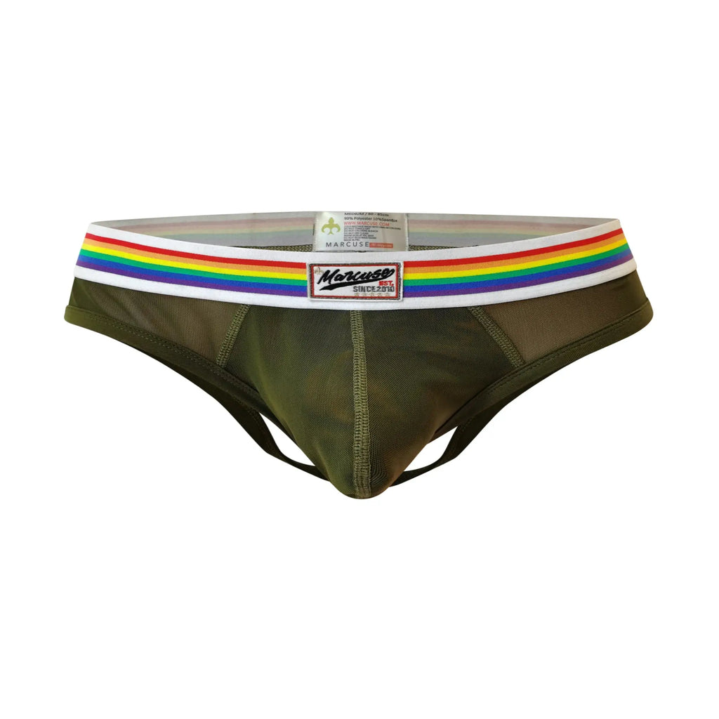 Marcuse Sunray jock underwear olive green mesh briefs with rainbow striped waistband and marcus brand label