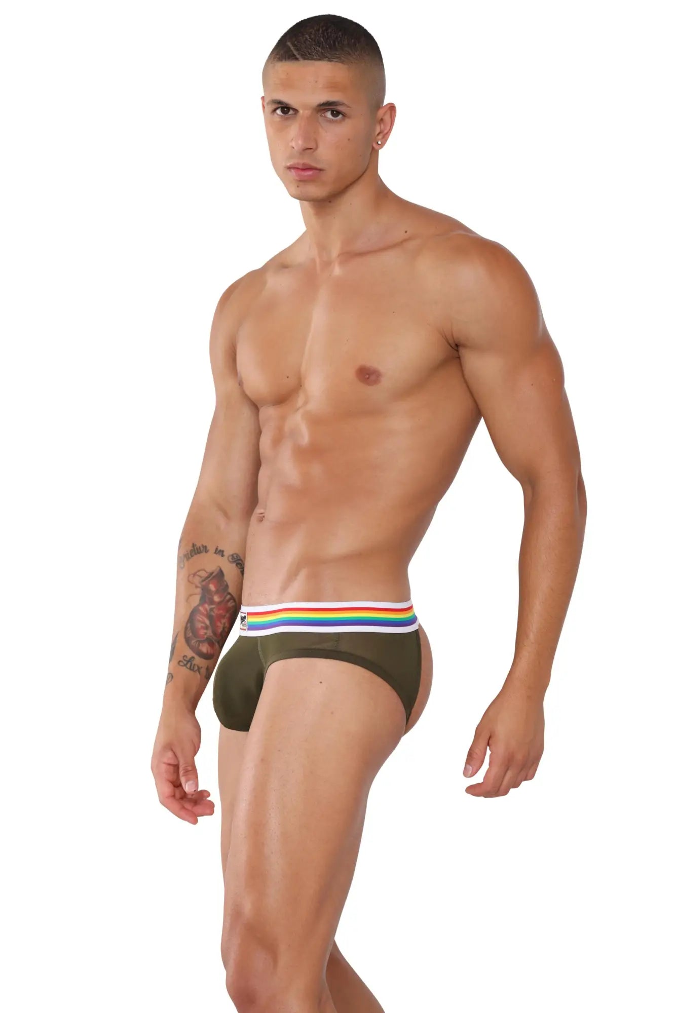 Olive green marcuse sunray jock briefs with rainbow-striped elastic waistband for comfortable support