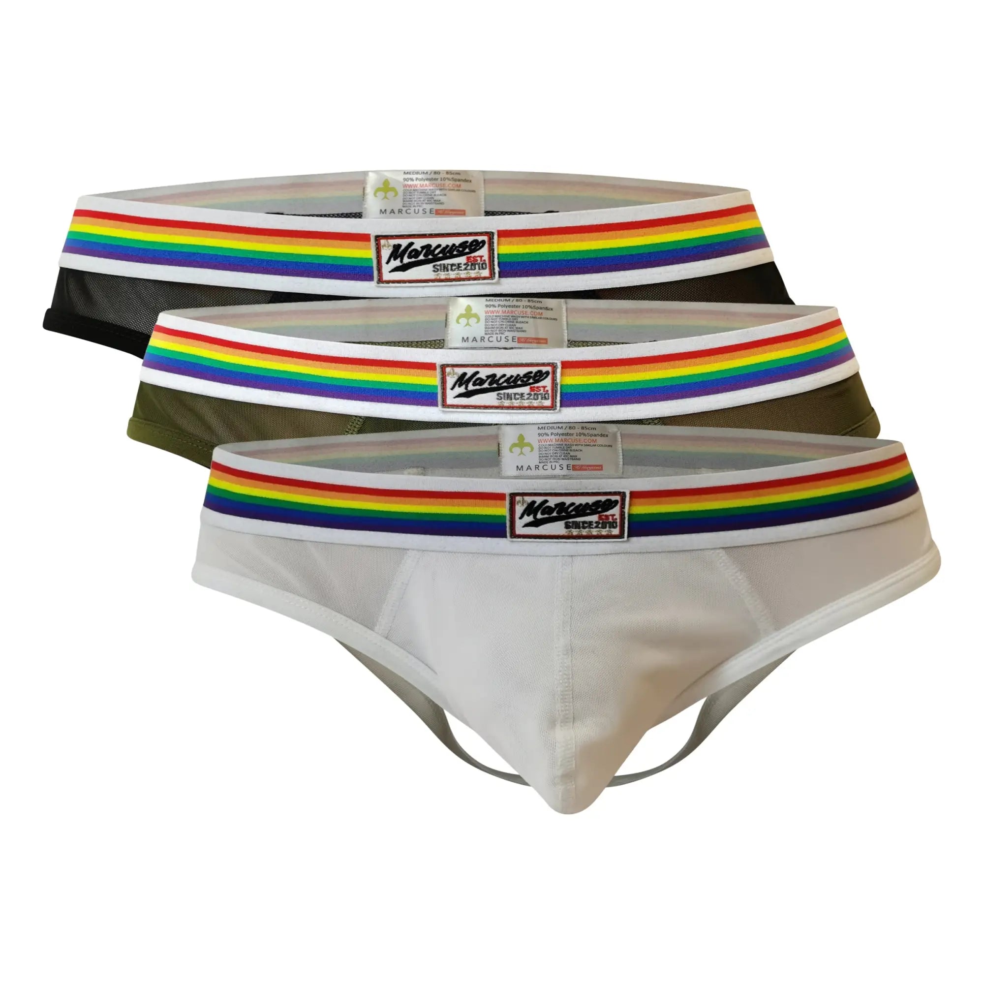 Set of three Marcuse Sunray jock men’s briefs in white black and olive green with rainbow-striped elastic waistbands