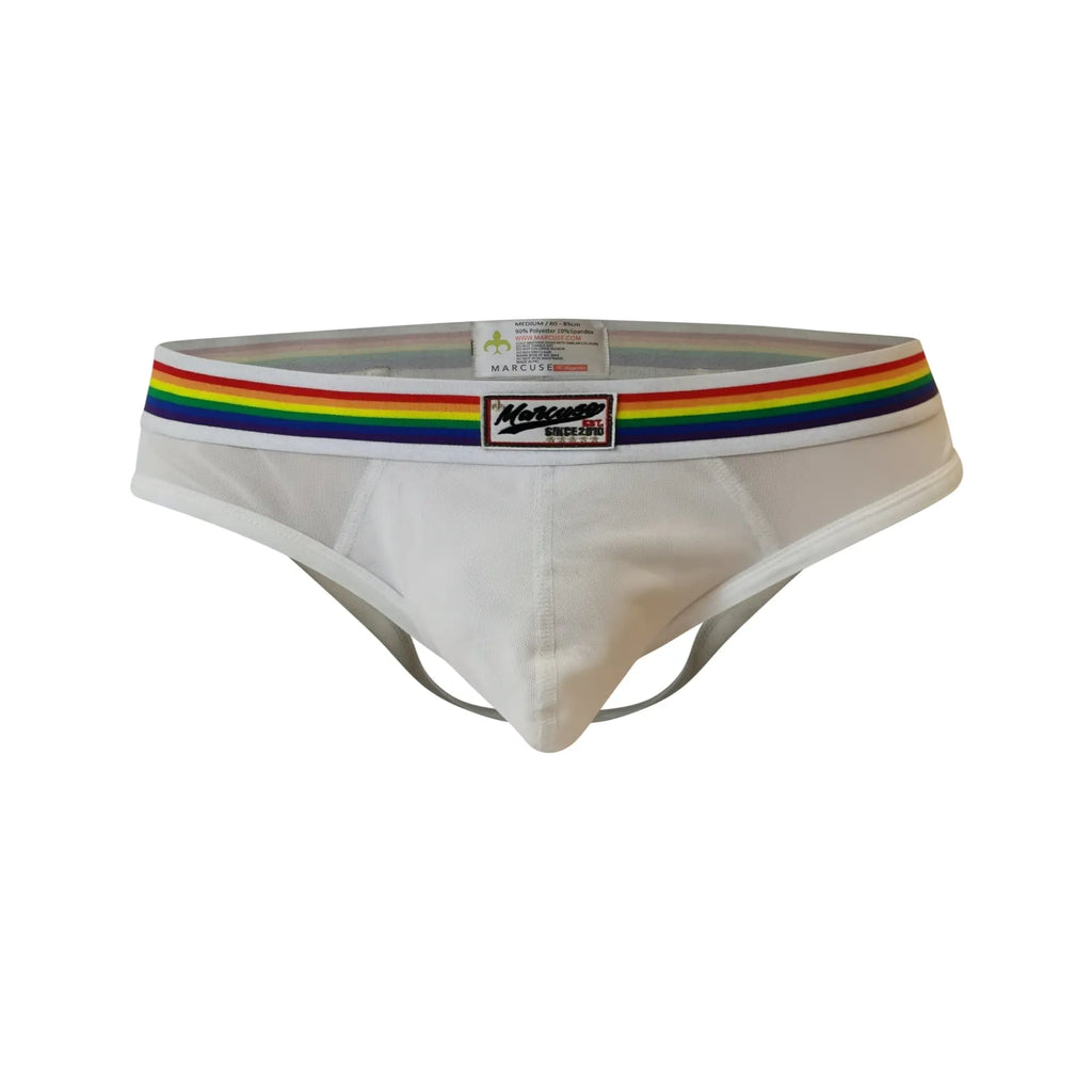 White men’s briefs with a rainbow-striped waistband featuring the marcuse logo from marcuse sunray jock underwear