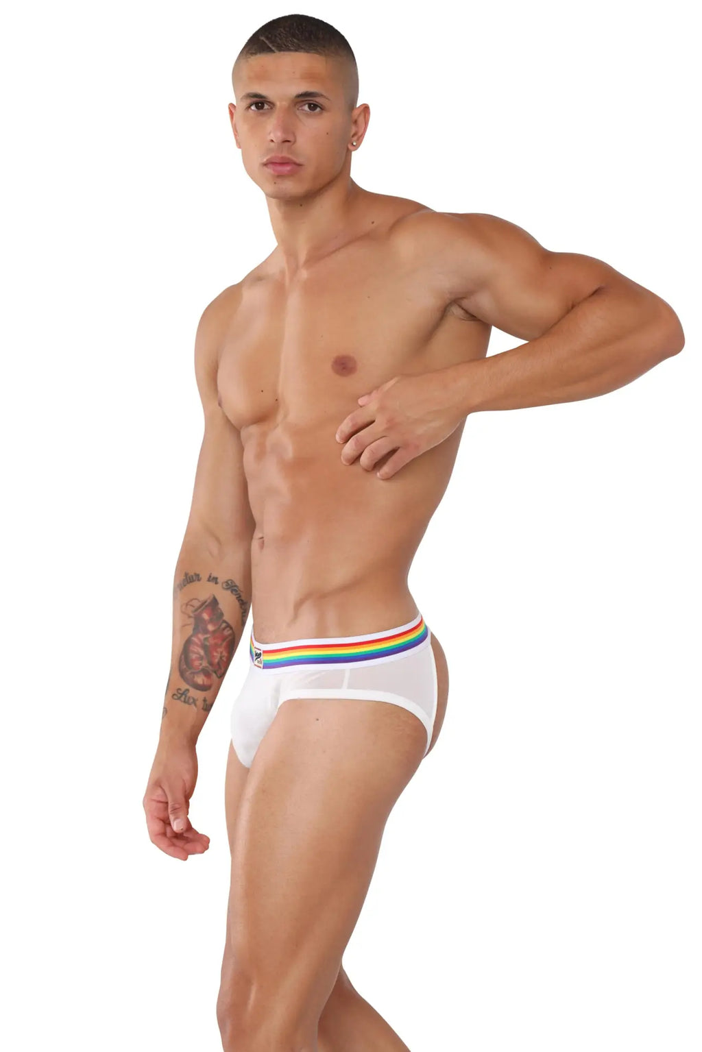 White briefs with a rainbow-colored elastic waistband from marcuse sunray jock underwear featuring a comfortable fit