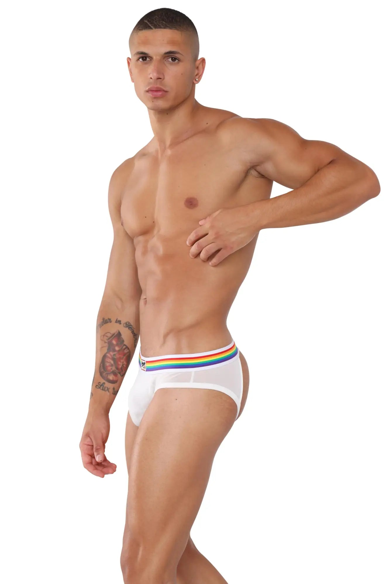 White briefs with a rainbow-colored elastic waistband from marcuse sunray jock underwear featuring a comfortable fit