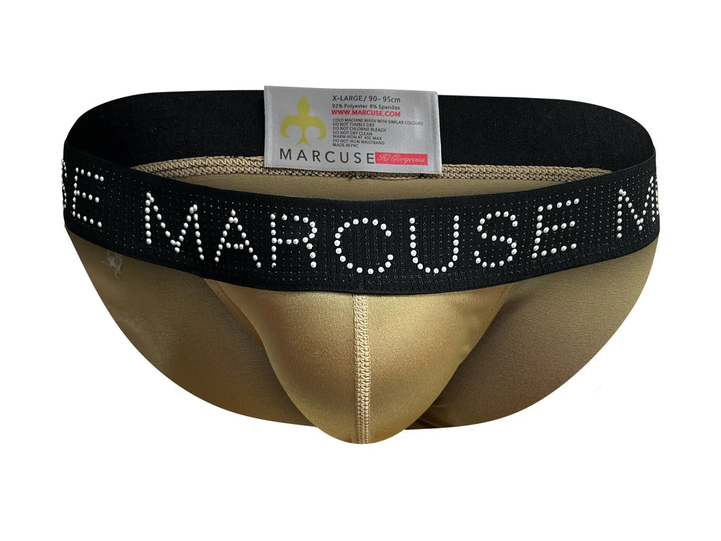 Gold-colored mesh textured marcuse superstar brief underwear with black waistband and white rhinestone marcuse lettering