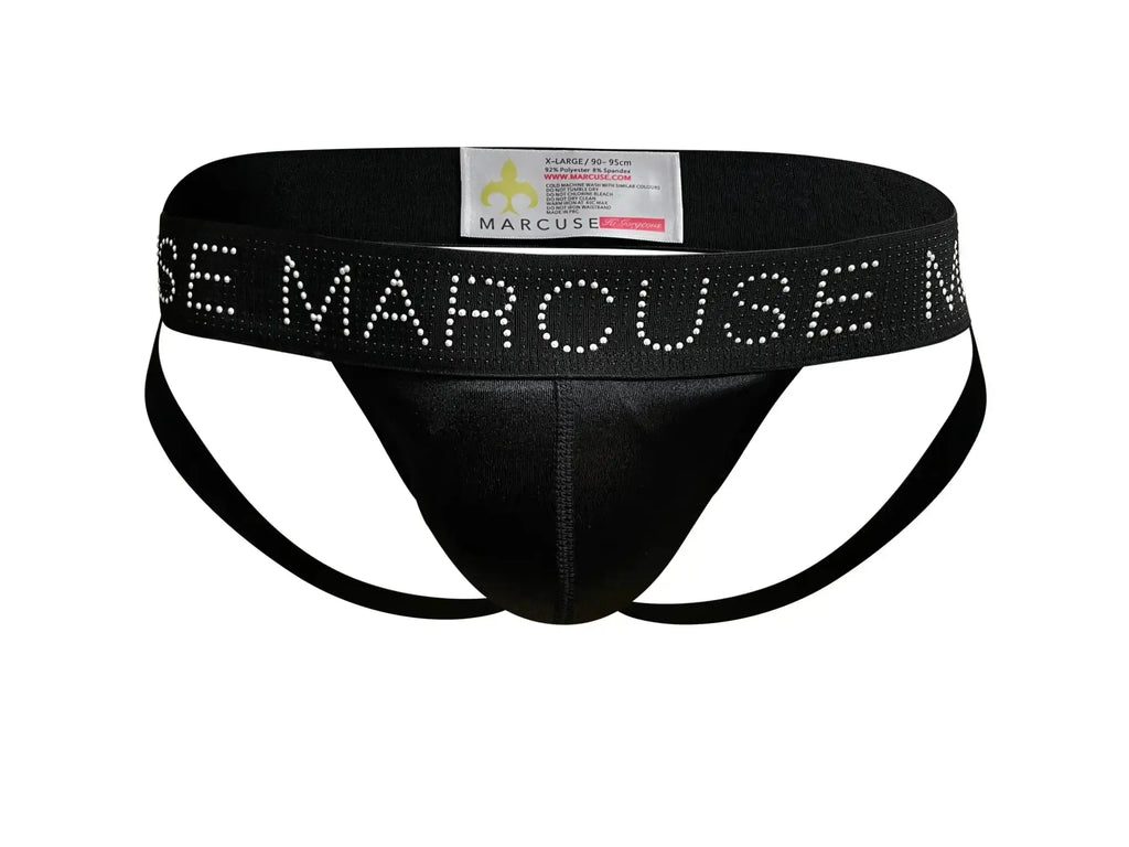 Black marcuse superstar jock briefs with shiny stretchy waistband and sparkling rhinestones spelling marcuse brand name