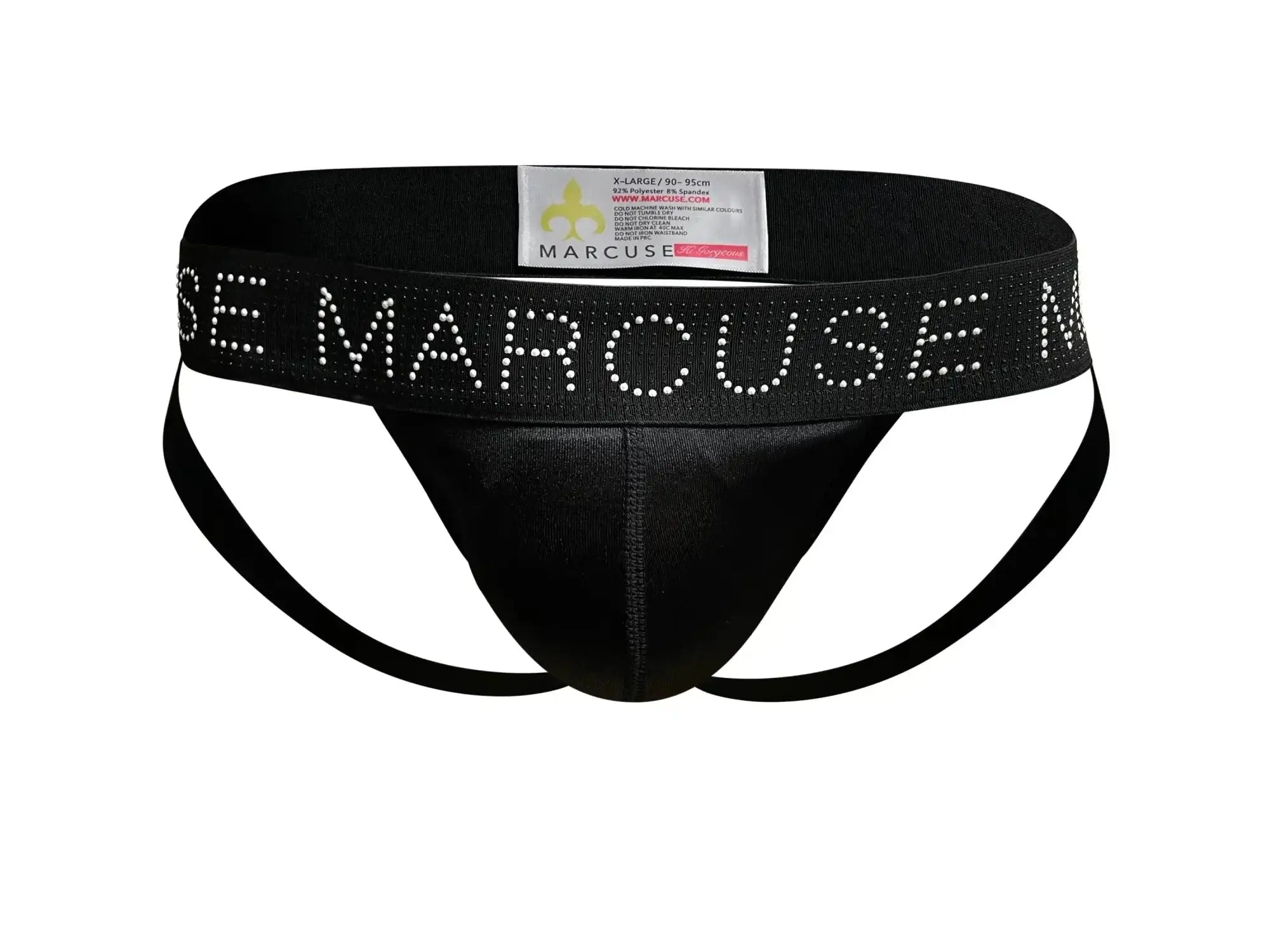 Black marcuse superstar jock briefs with shiny stretchy waistband and sparkling rhinestones spelling marcuse brand name