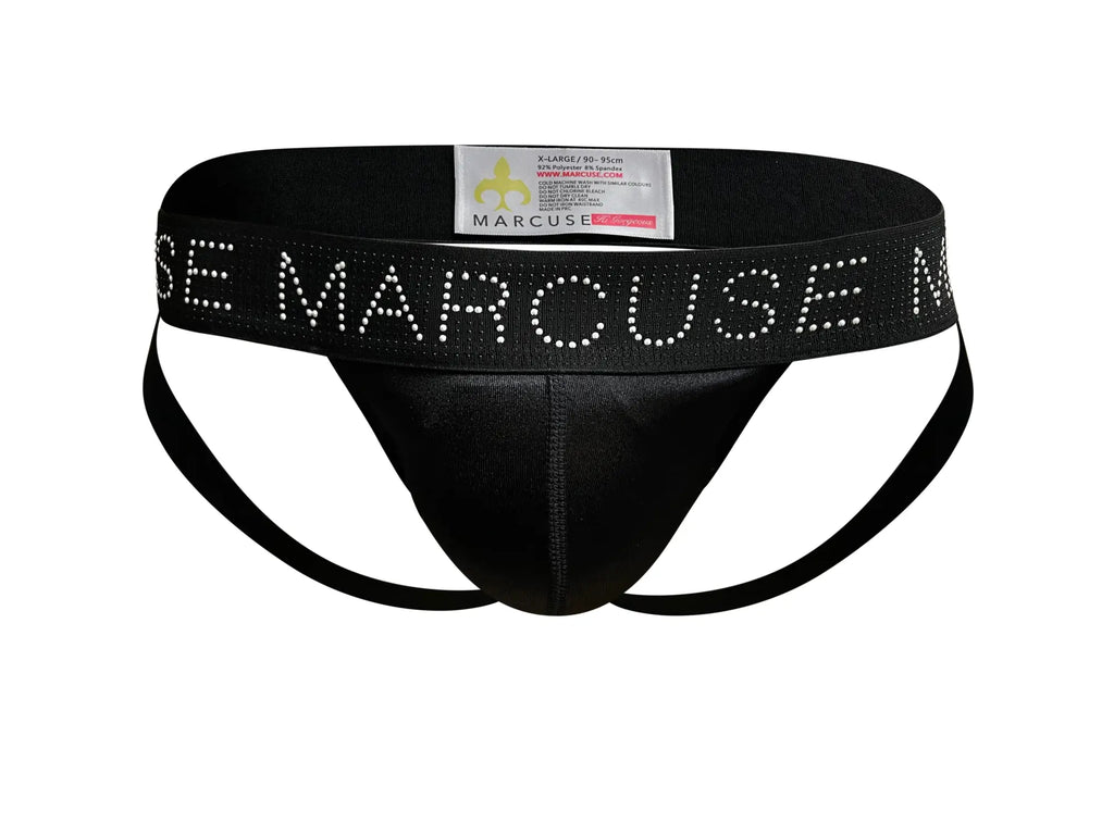 Black marcuse superstar jock briefs with shiny stretchy waistband and sparkling rhinestones spelling marcuse brand name