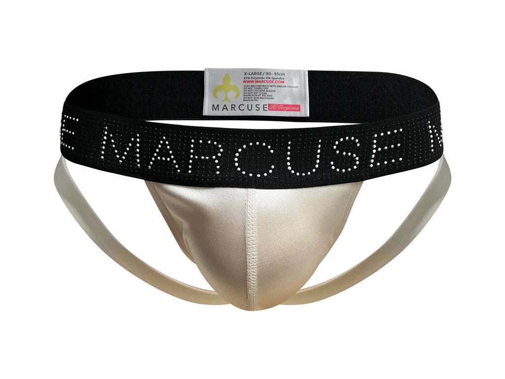 Marcuse Superstar jock underwear with cream satin body and black elastic waistband featuring rhinestone marcuse lettering