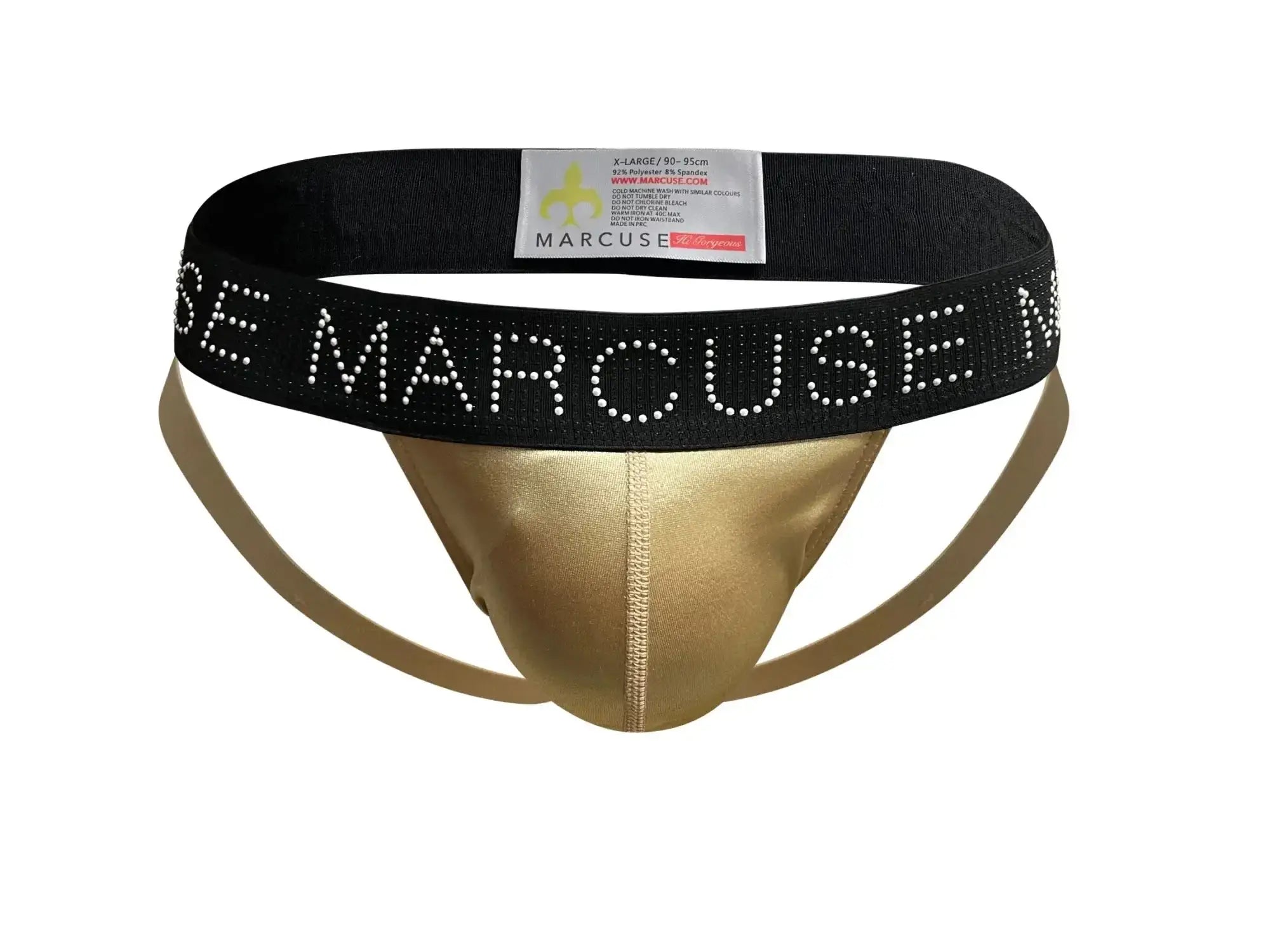 Gold metallic Marcuse Superstar jock underwear briefs with a black waistband adorned with white rhinestones