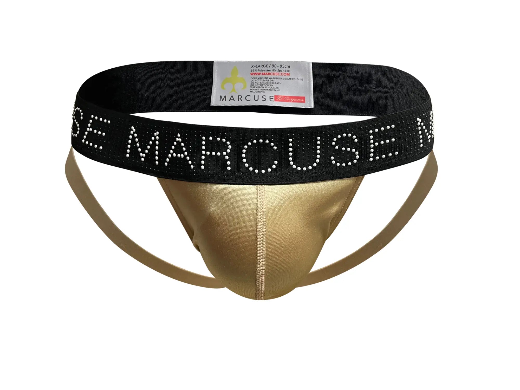 Gold metallic Marcuse Superstar jock underwear briefs with a black waistband adorned with white rhinestones