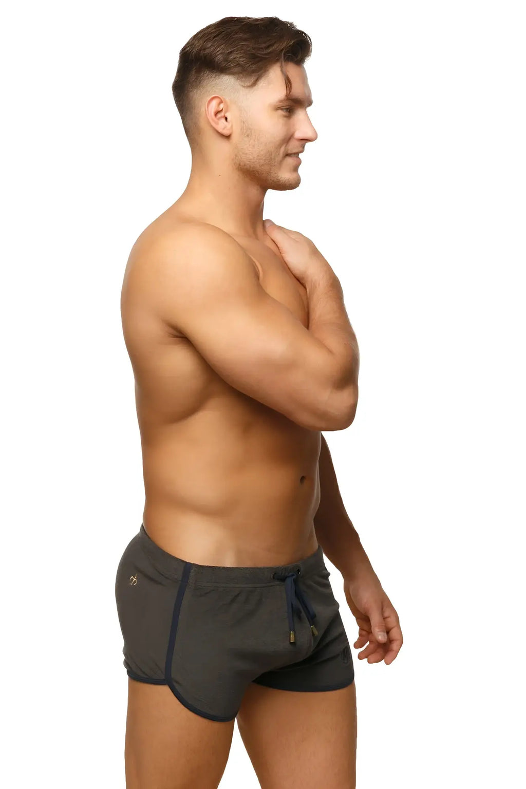 Dark gray marcuse sweat shorts with navy blue side panels and matching drawstring waistband for athletic wear