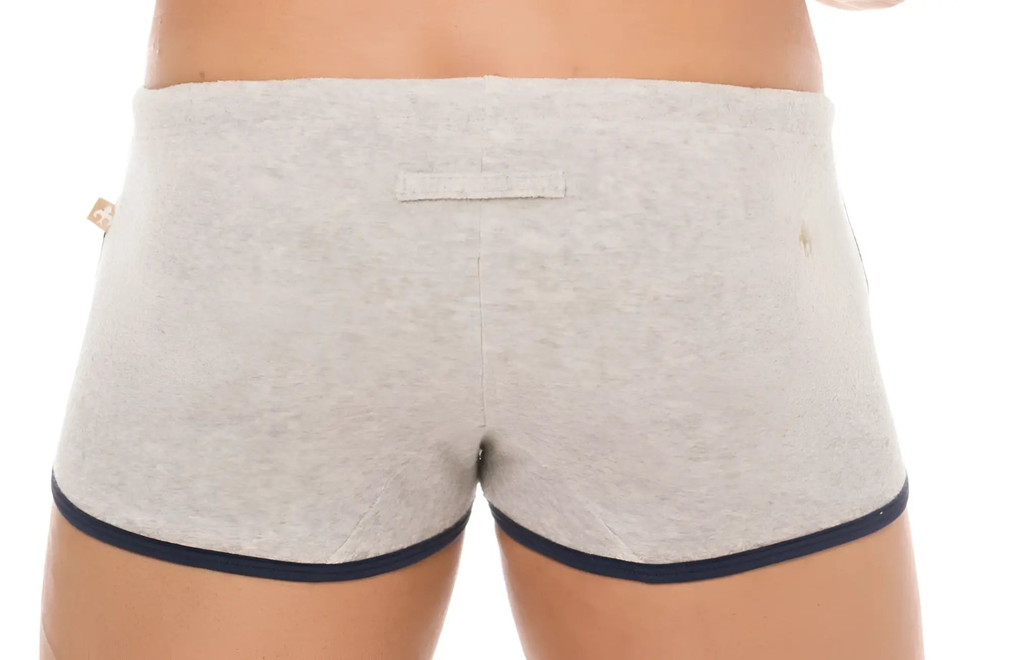 Gray heathered marcuse sweat shorts with navy blue trim along waistband and leg openings for casual wear