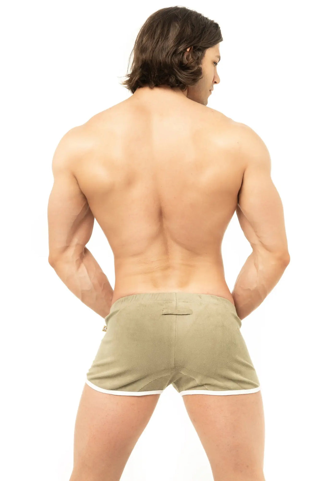 Khaki marcuse sweat shorts with white trim and small back pocket detail shown from the back side