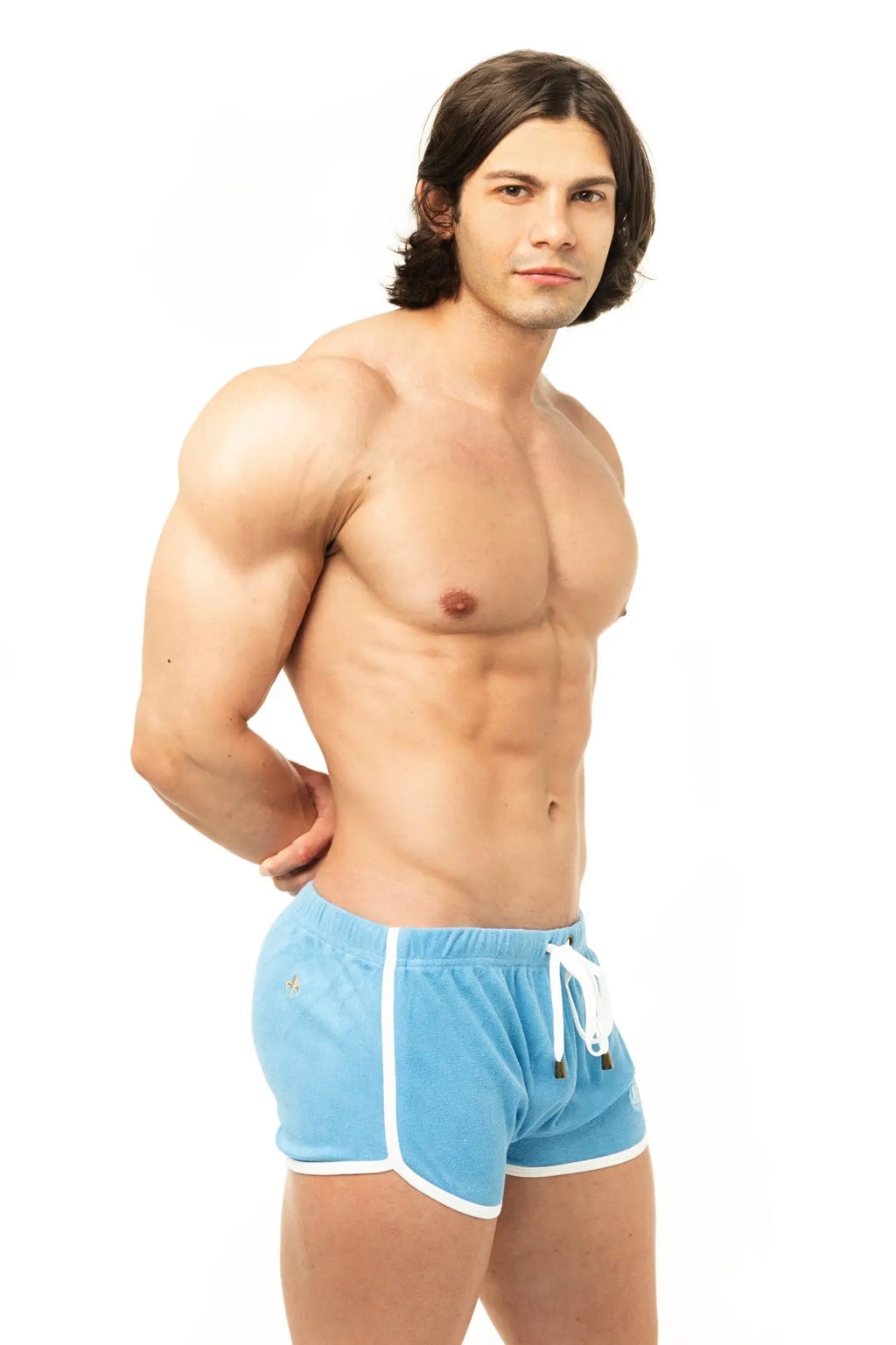 Light blue marcuse sweat shorts with white trim and drawstring designed for athletic and casual wear