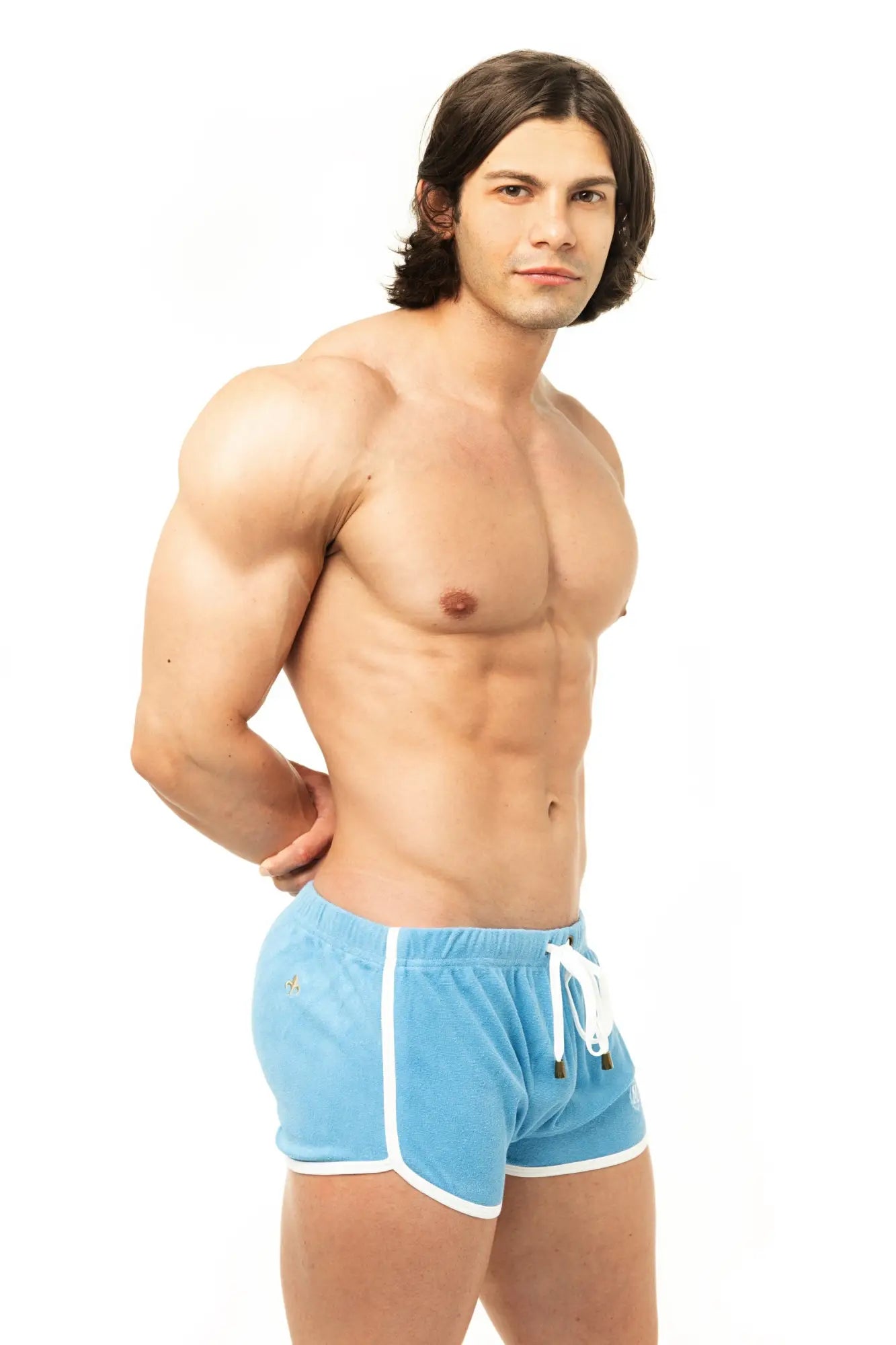 Light blue marcuse sweat shorts with white trim and drawstring designed for athletic and casual wear
