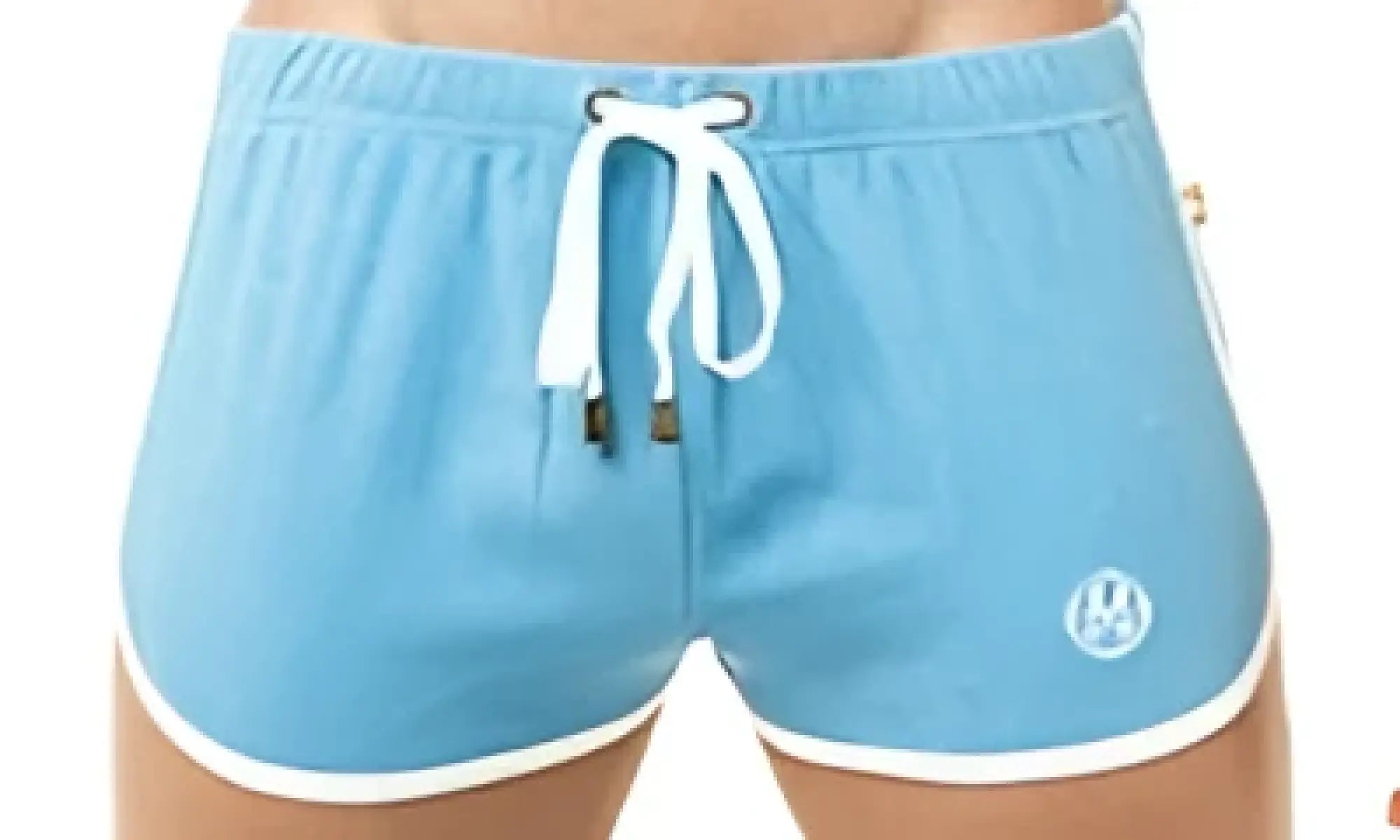 Marcuse sweat shorts in light blue with white drawstring and trim featuring a small circular logo on the lower left leg