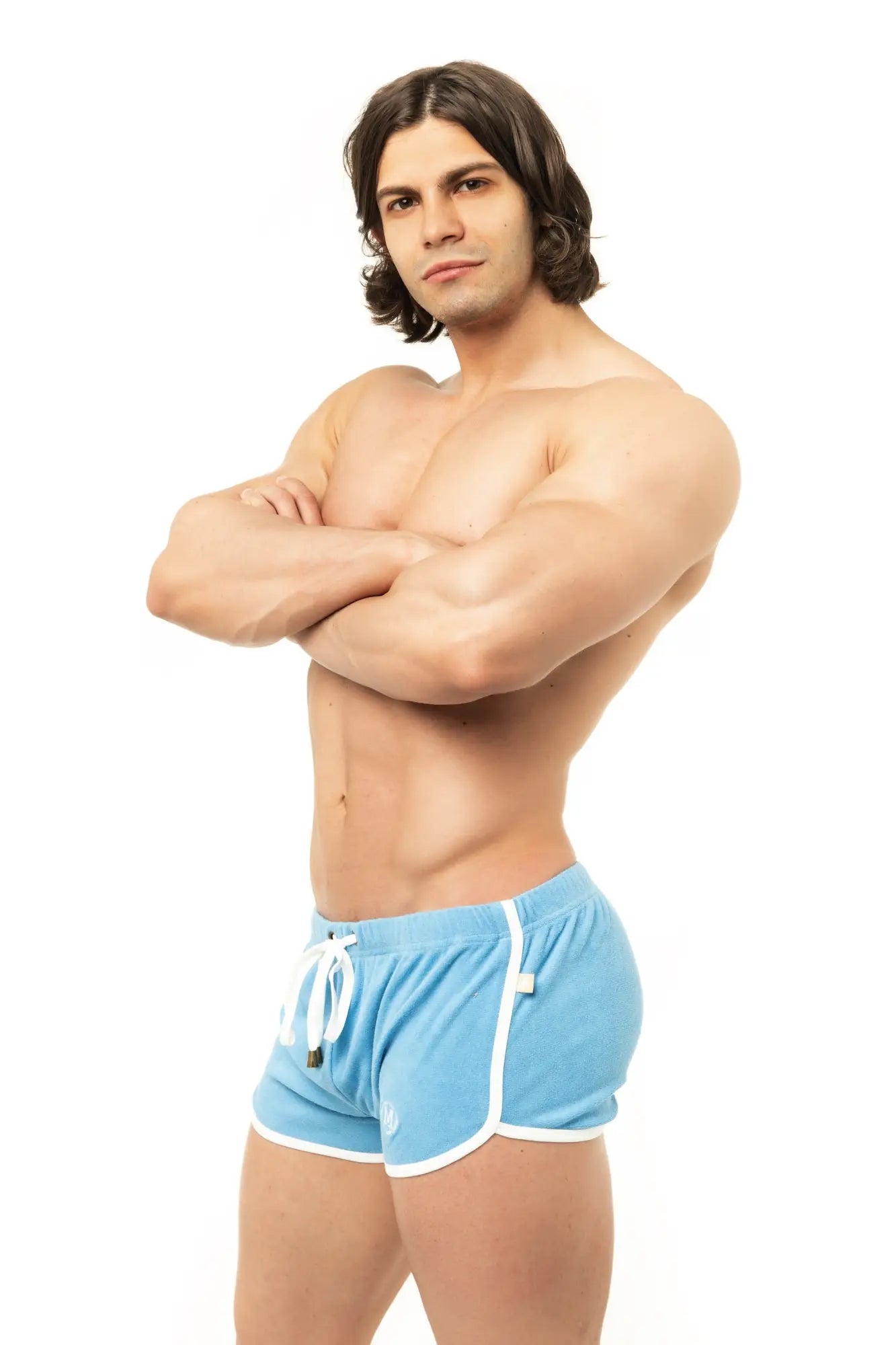 Light blue marcuse sweat shorts with white trim and drawstring designed for athletic and casual wear