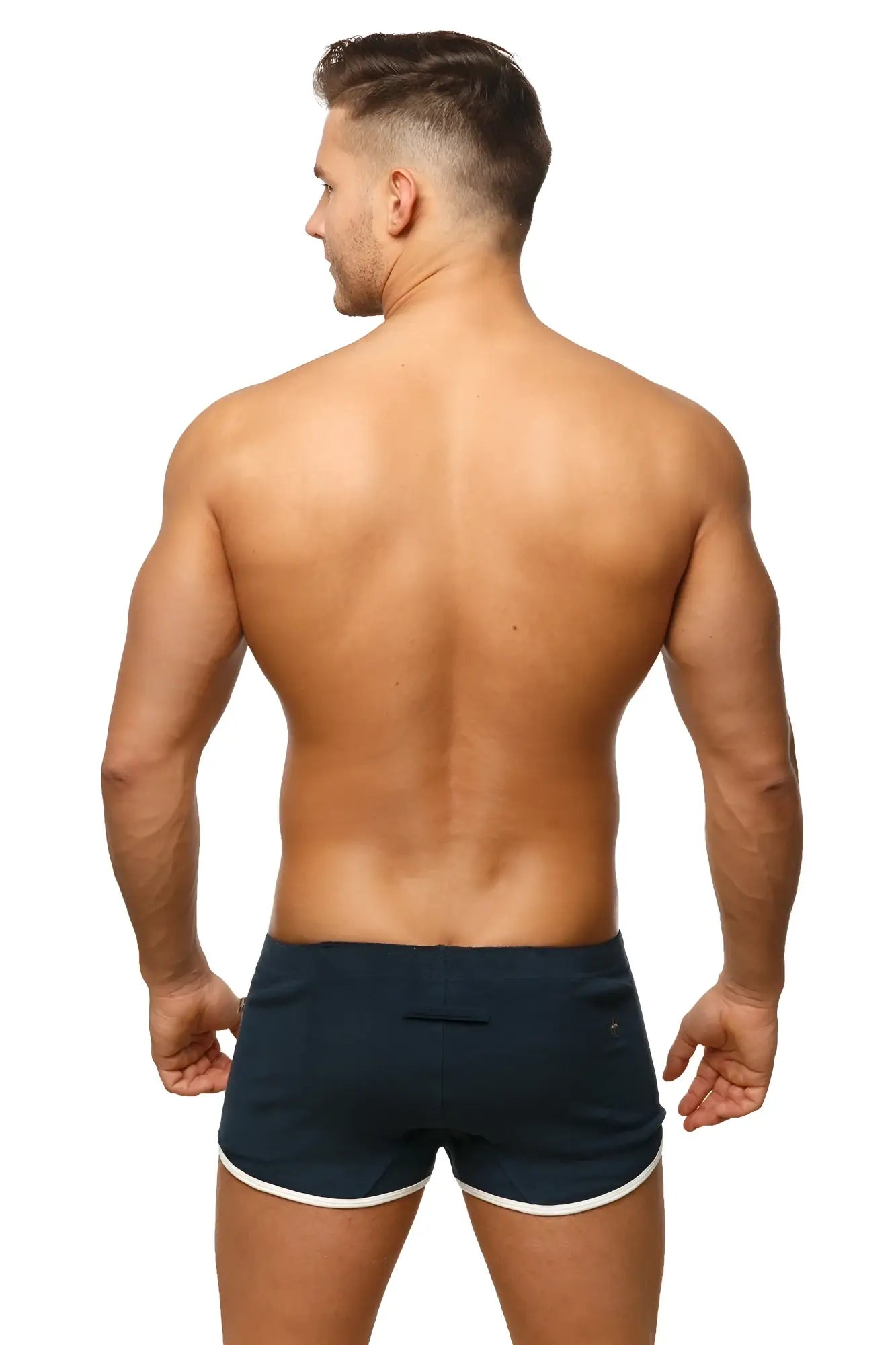 Navy blue Marcuse sweat shorts with white trim along hem and waistband featuring a comfortable athletic fit
