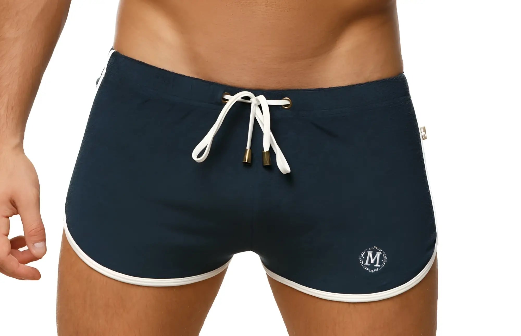 Navy blue Marcuse sweat shorts with white trim and drawstring designed for athletic and casual wear