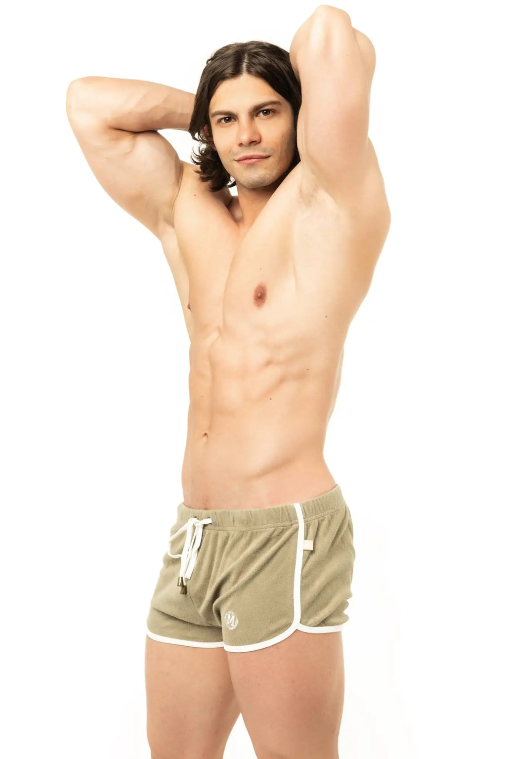 Olive green marcuse sweat shorts with white trim and drawstring for athletic and casual wear