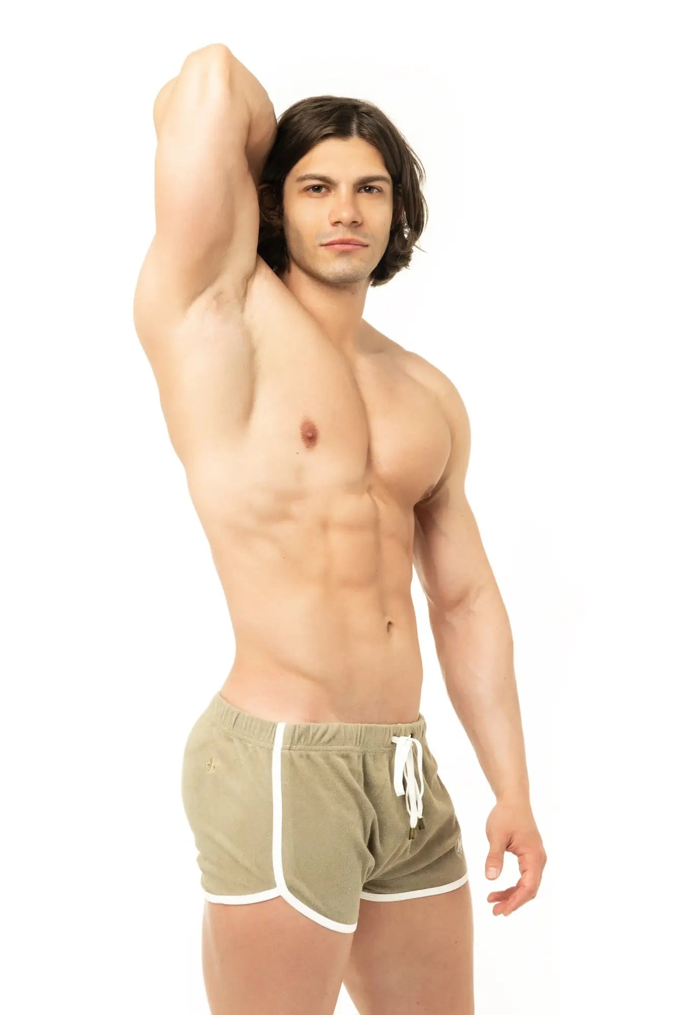 Marcuse sweat shorts olive green athletic fabric with white trim and drawstring for active wear