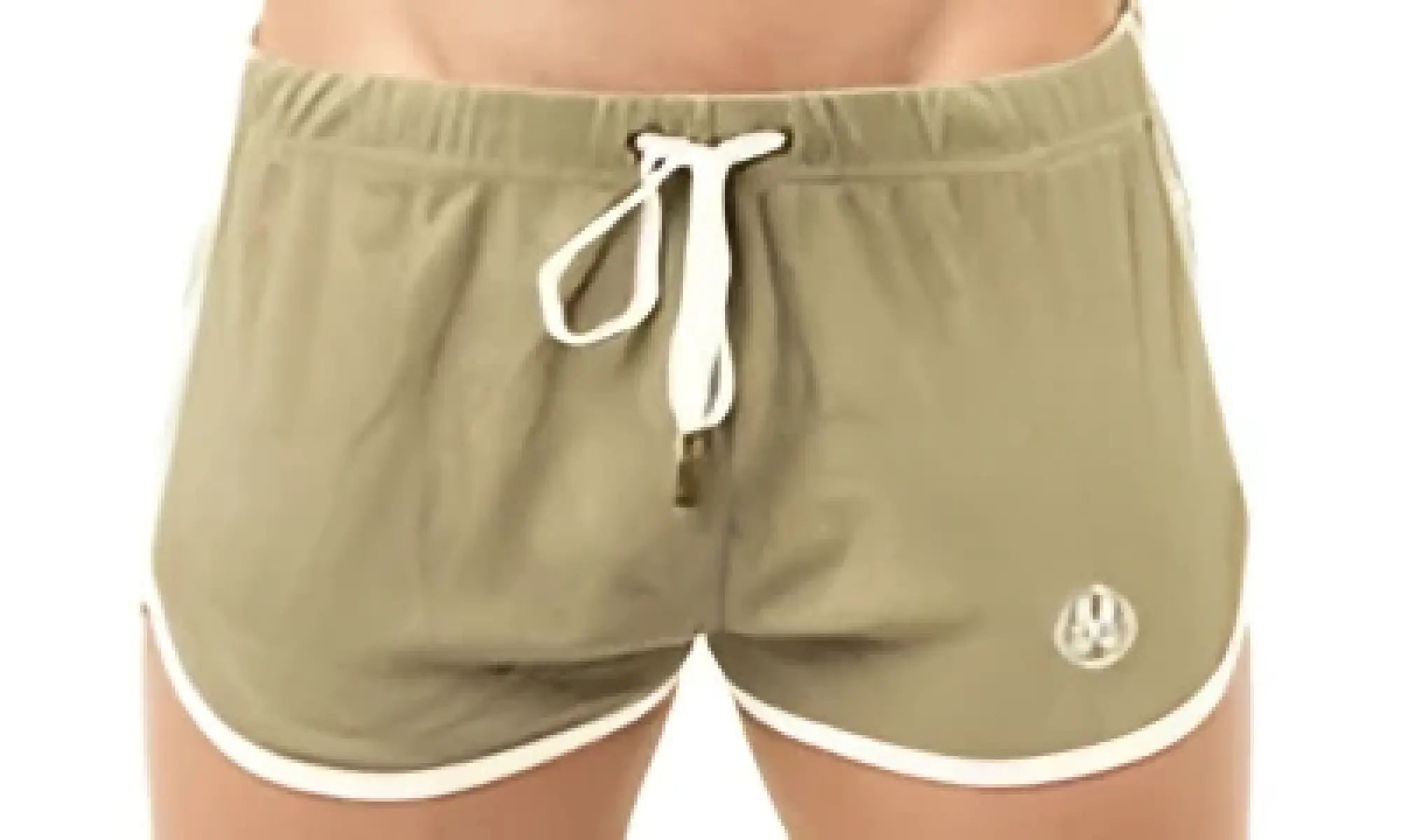 Olive green Marcuse sweat shorts with white drawstring and trim featuring a small embroidered logo on the front leg