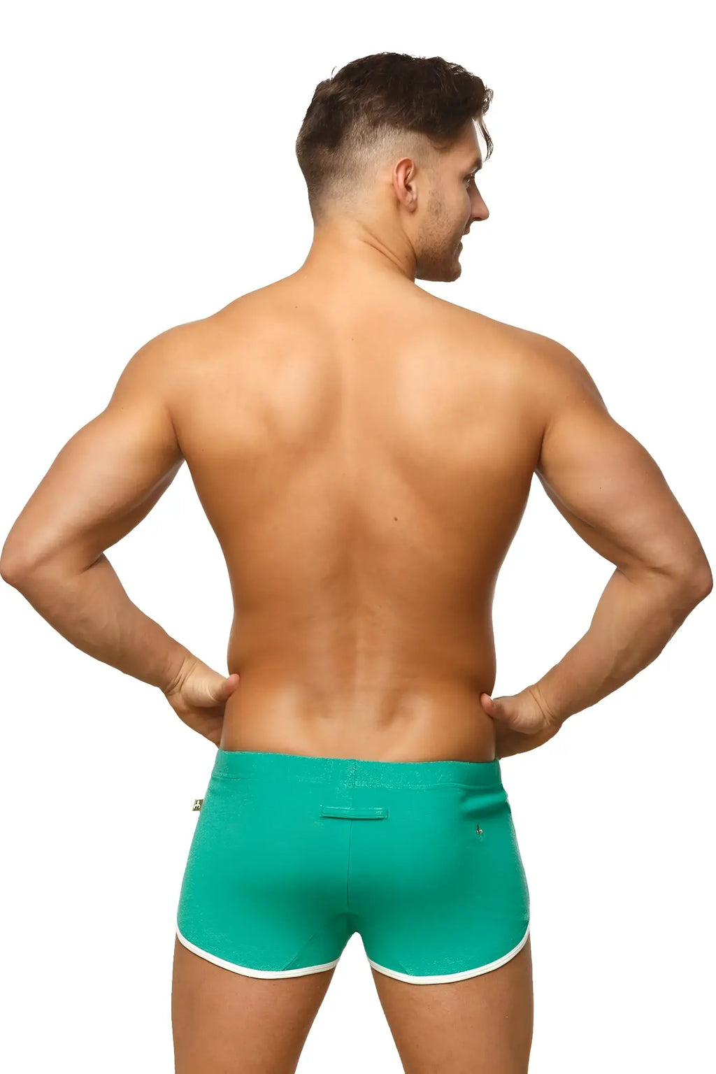 Back view of teal marcuse sweat shorts with white trim and small logo on the back waistband