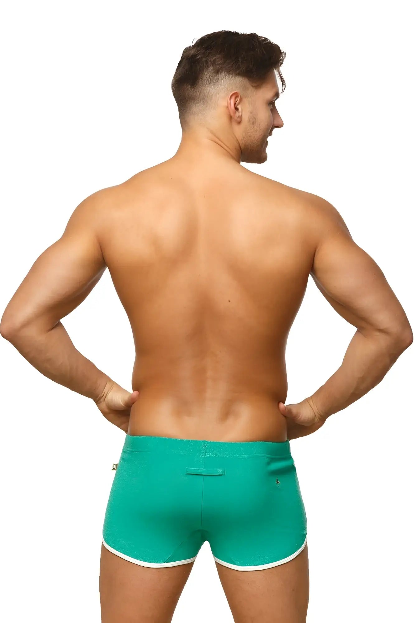 Back view of teal marcuse sweat shorts with white trim and small logo on the back waistband