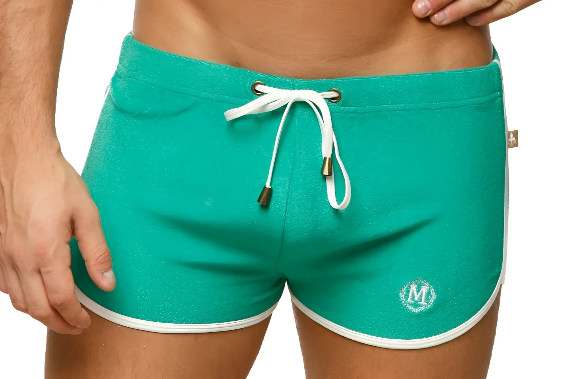 Teal marcuse sweat shorts with white drawstring and trim featuring subtle embroidered logo on lower left leg