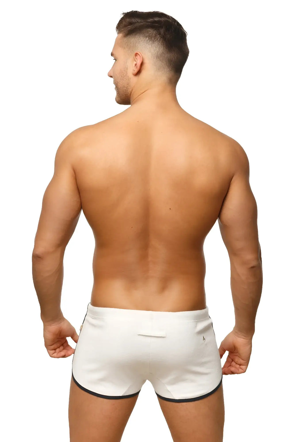 Marcuse sweat shorts in white athletic fabric with black trim on waistband and leg openings for casual wear