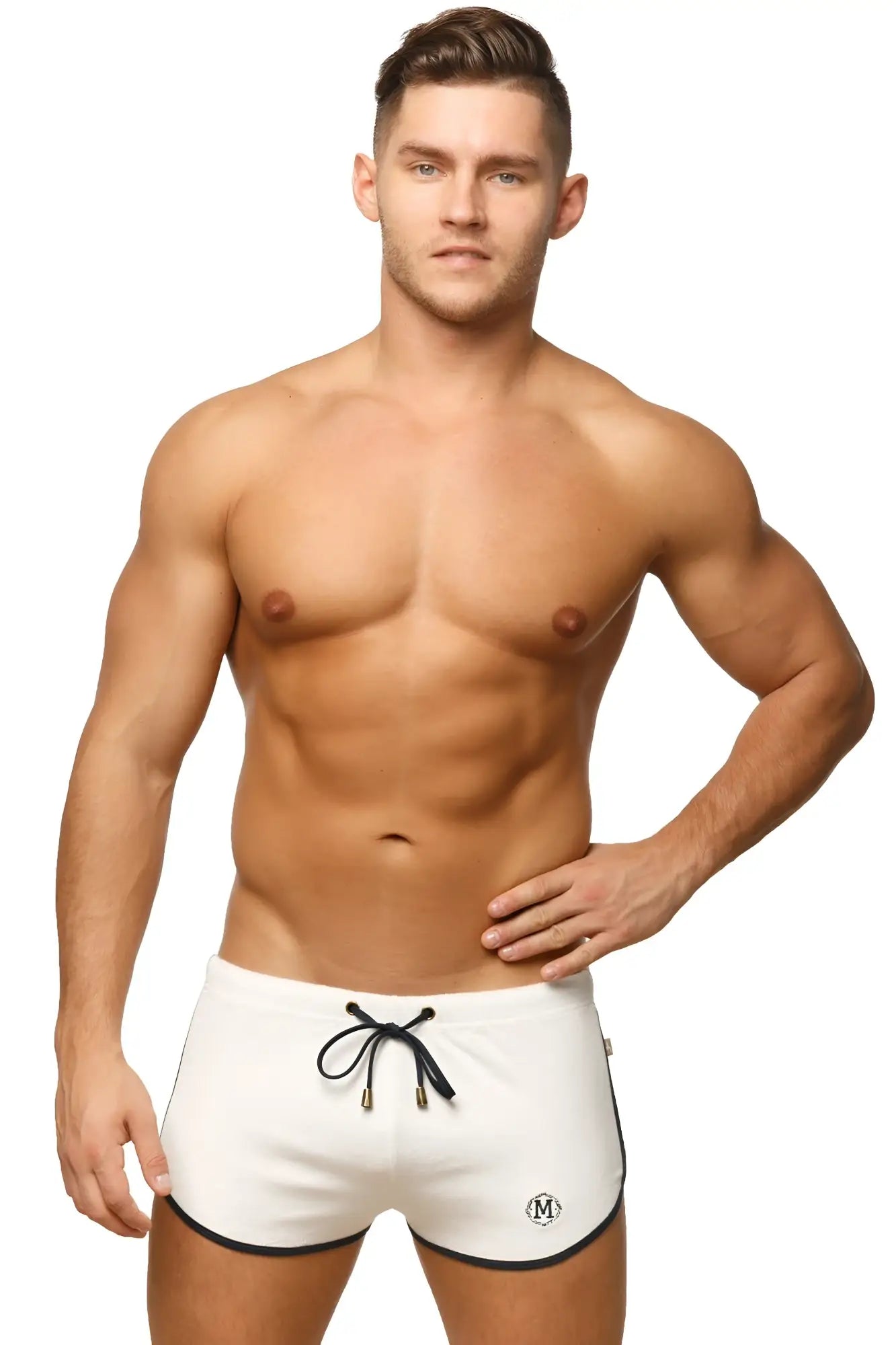 Marcuse sweat shorts in white with black trim and drawstring featuring small embroidered logo on lower left leg